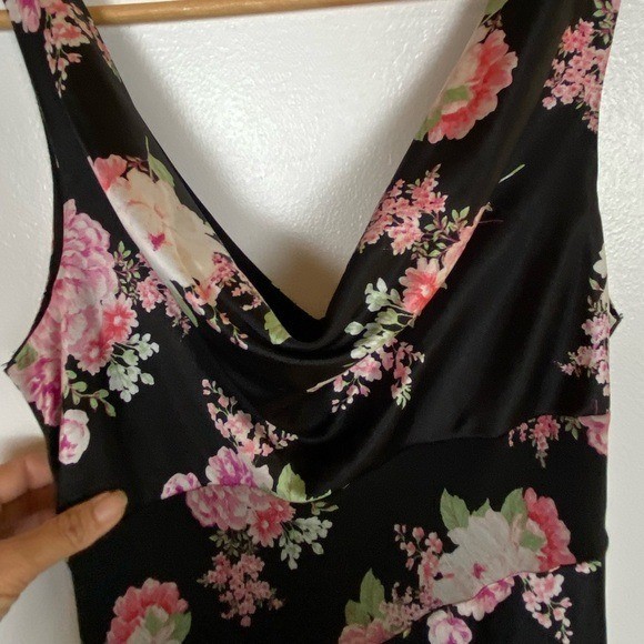 City Studio 90s Y2K Satin Chiffon Floral Maxi Dress Sz S Fairy Ruffle Cowl Neck