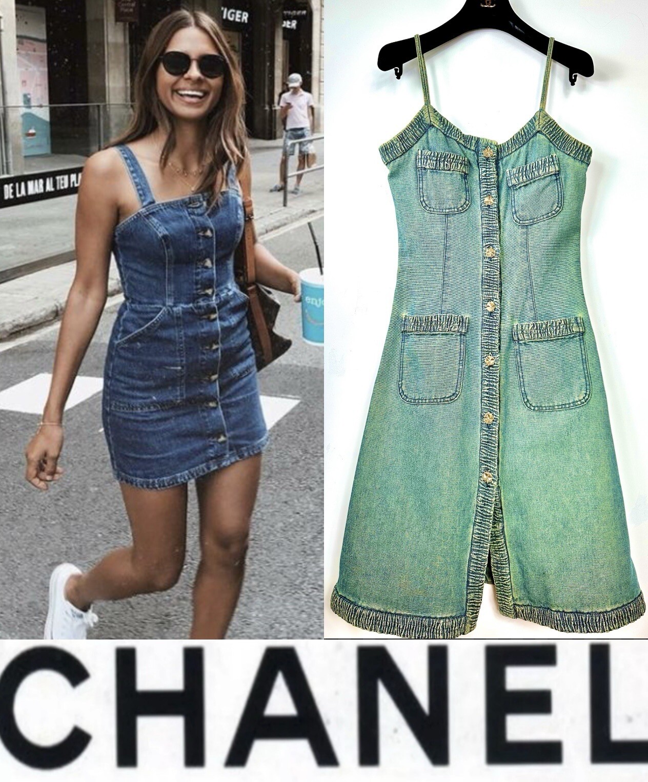 Chanel Vintage 2001 Barbie Blue Denim Midi Dress 36 38 4 6 Vtg Logo Button S M