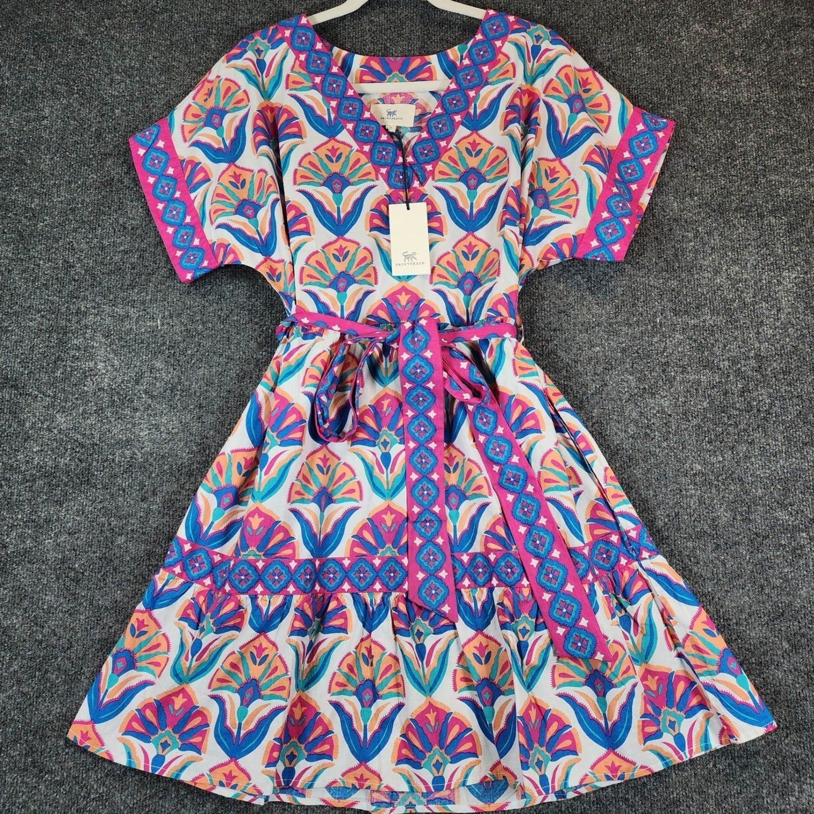 Printfresh Women Boho Cottagecore Resort Vacation Cotton Belted Mini Dress M NWT