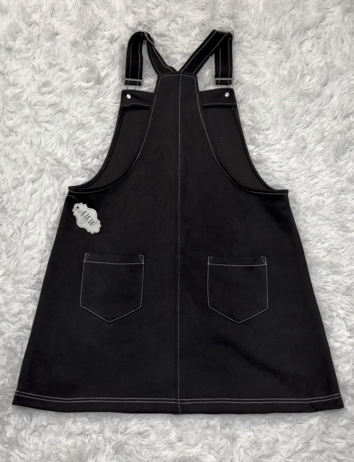 A.U.W Black Solid Overall Mini Dress Women’s L Sleeveless With Pockets