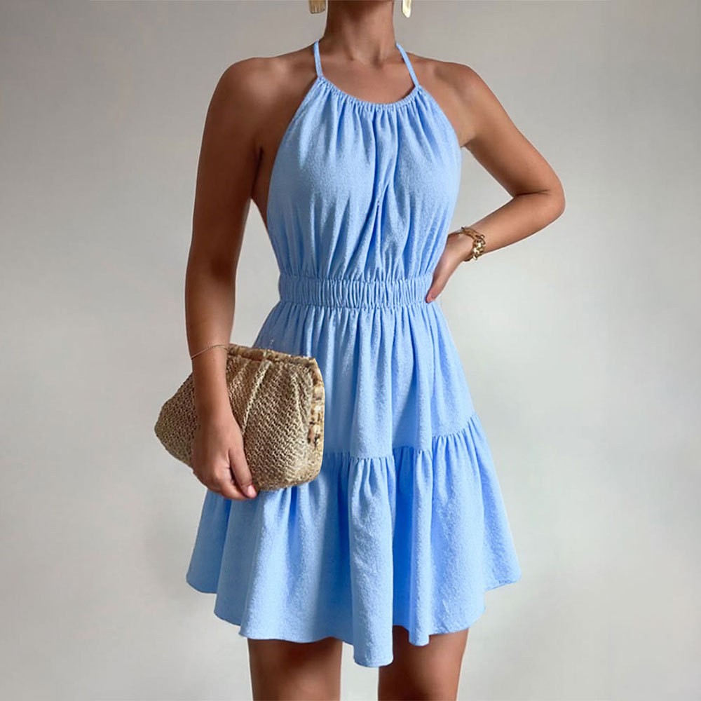 2026 Summer Pure Cotton Backless A-Line Dress with Hanging Neckline and High