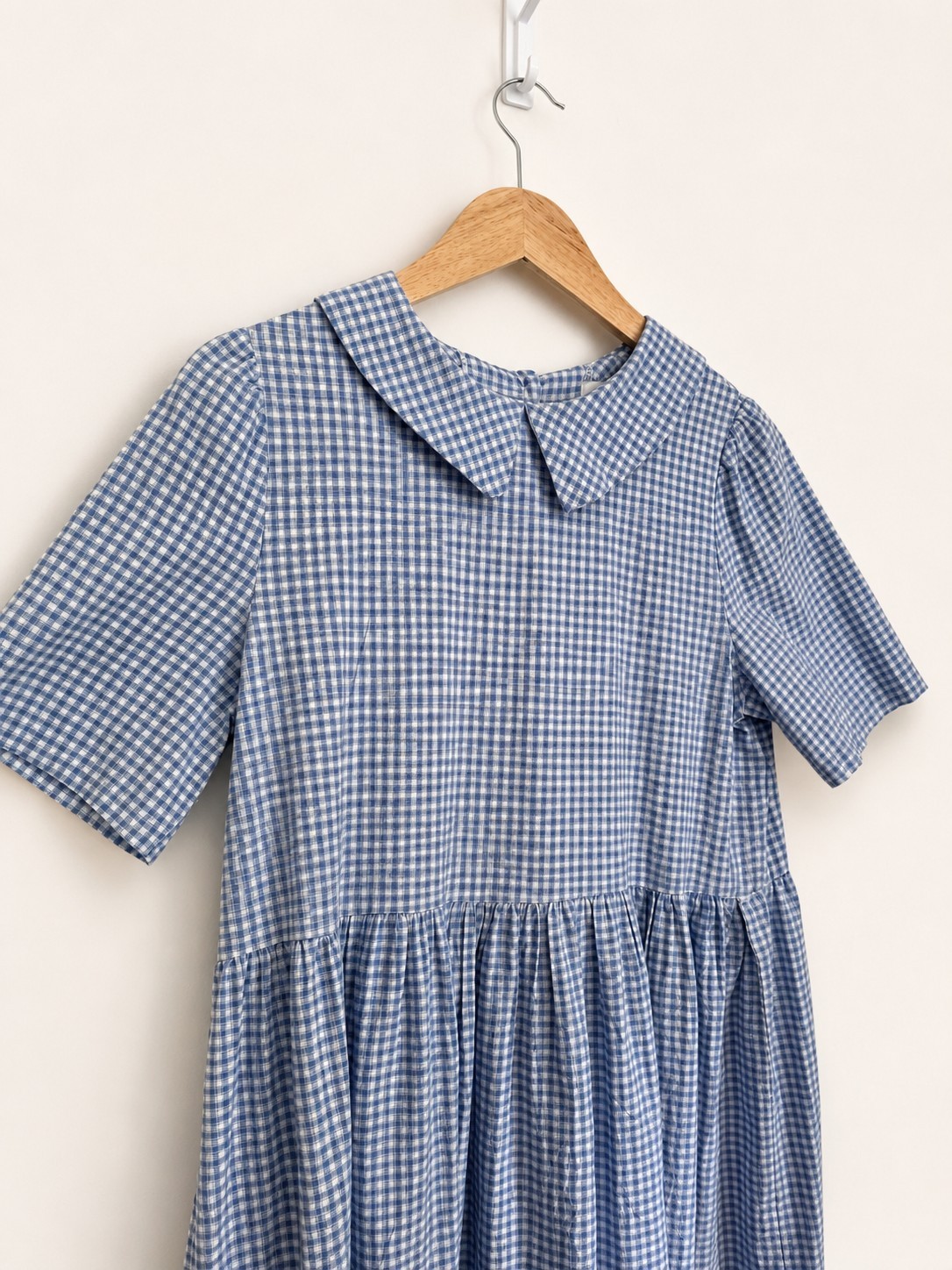 Olive Blue White Gingham Peter Pan Collar Smock Dress 100% Cotton Cottagecore