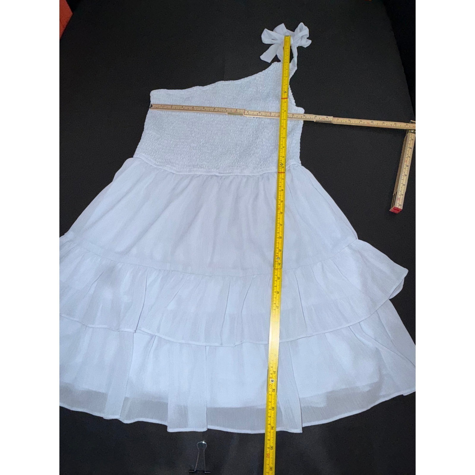 One Shoulder Smocked Tiered Ruffle Mini Dress White Large Tie Strap Summer