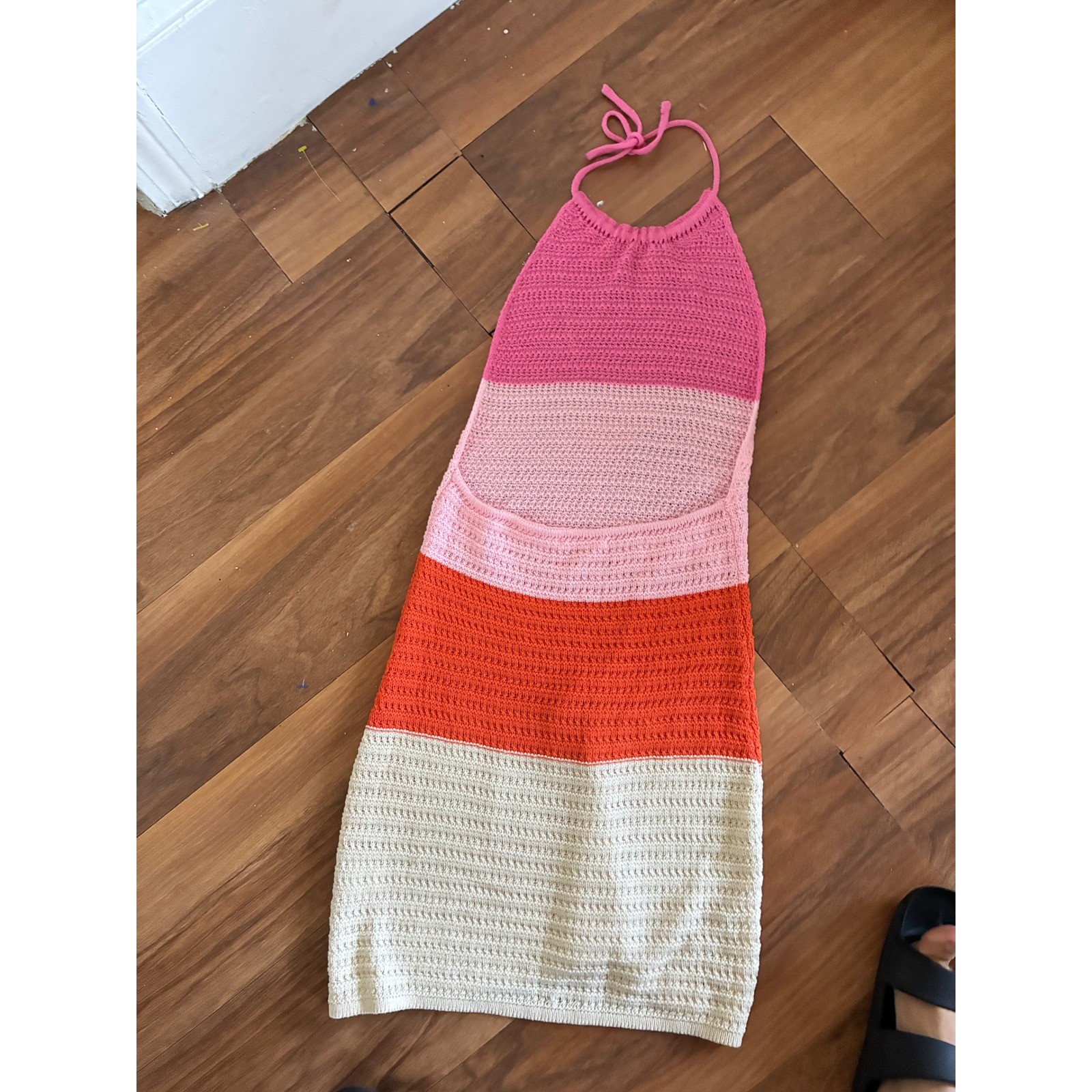 Peppermayo Pink Orange Colorblock Crochet Halter Mini Dress M/L vacations