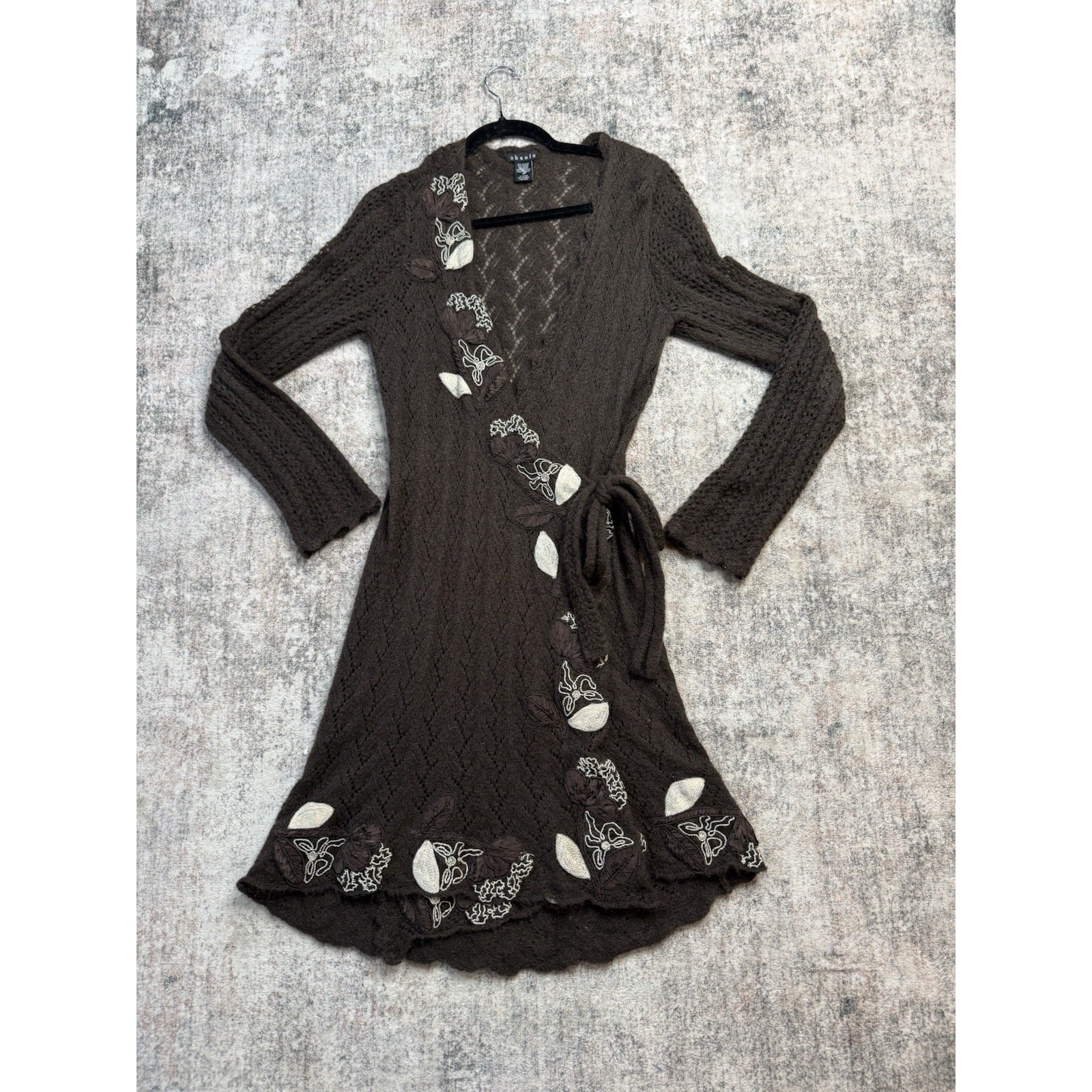 Wrap Longline Cardigan M Wrap Dress Mohair Brown Embroidered Open Knit Boho