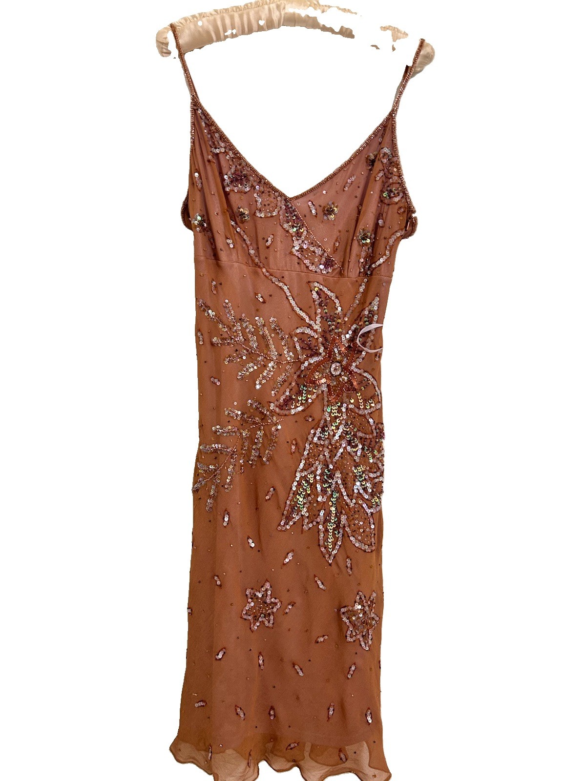 Marina Women’s 12 Brown Purple Silk Chiffon Beaded Sequin Slip Midi Dress