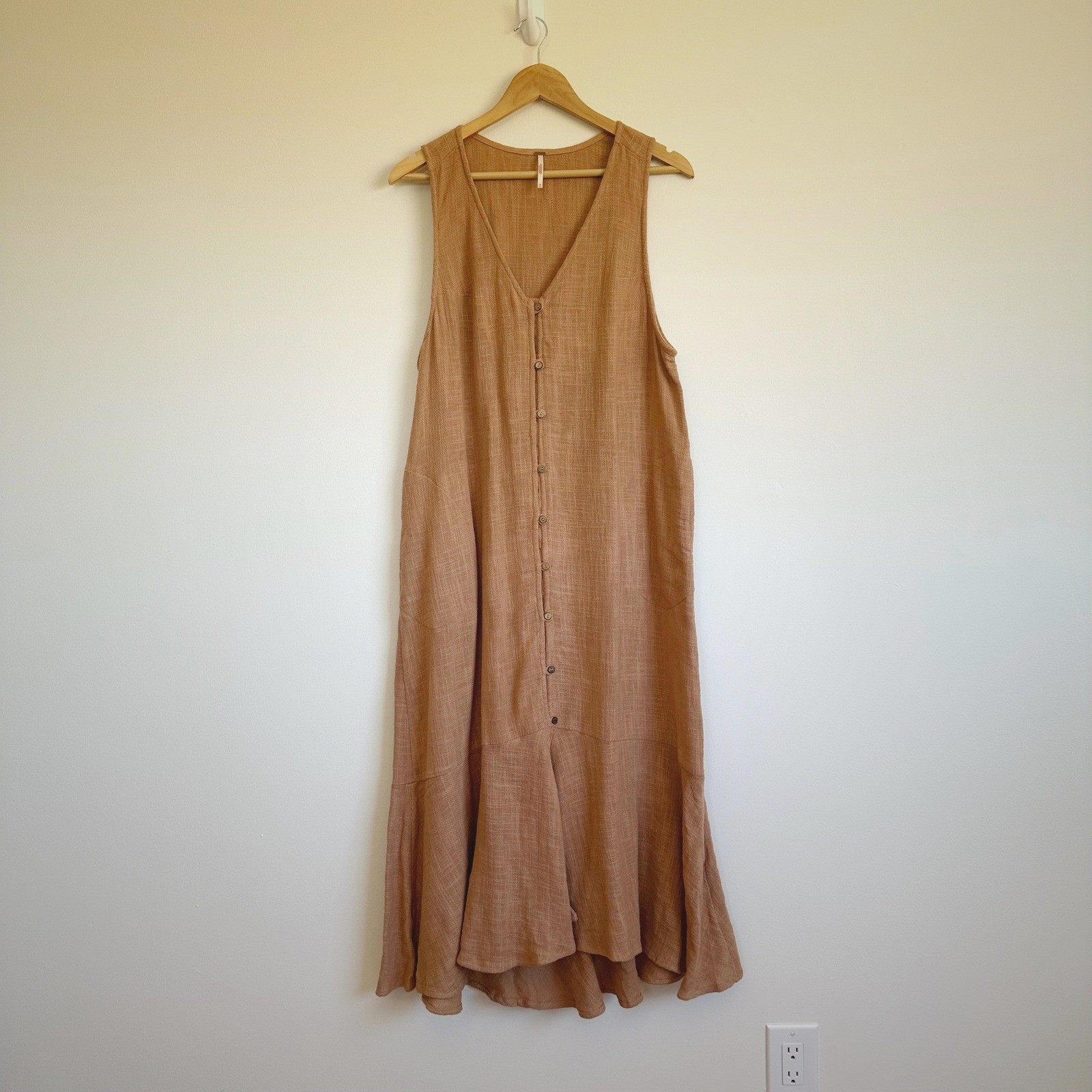 Free People Textured Cotton Button Down Ruffle Maxi Dress Medium Beach Cottage