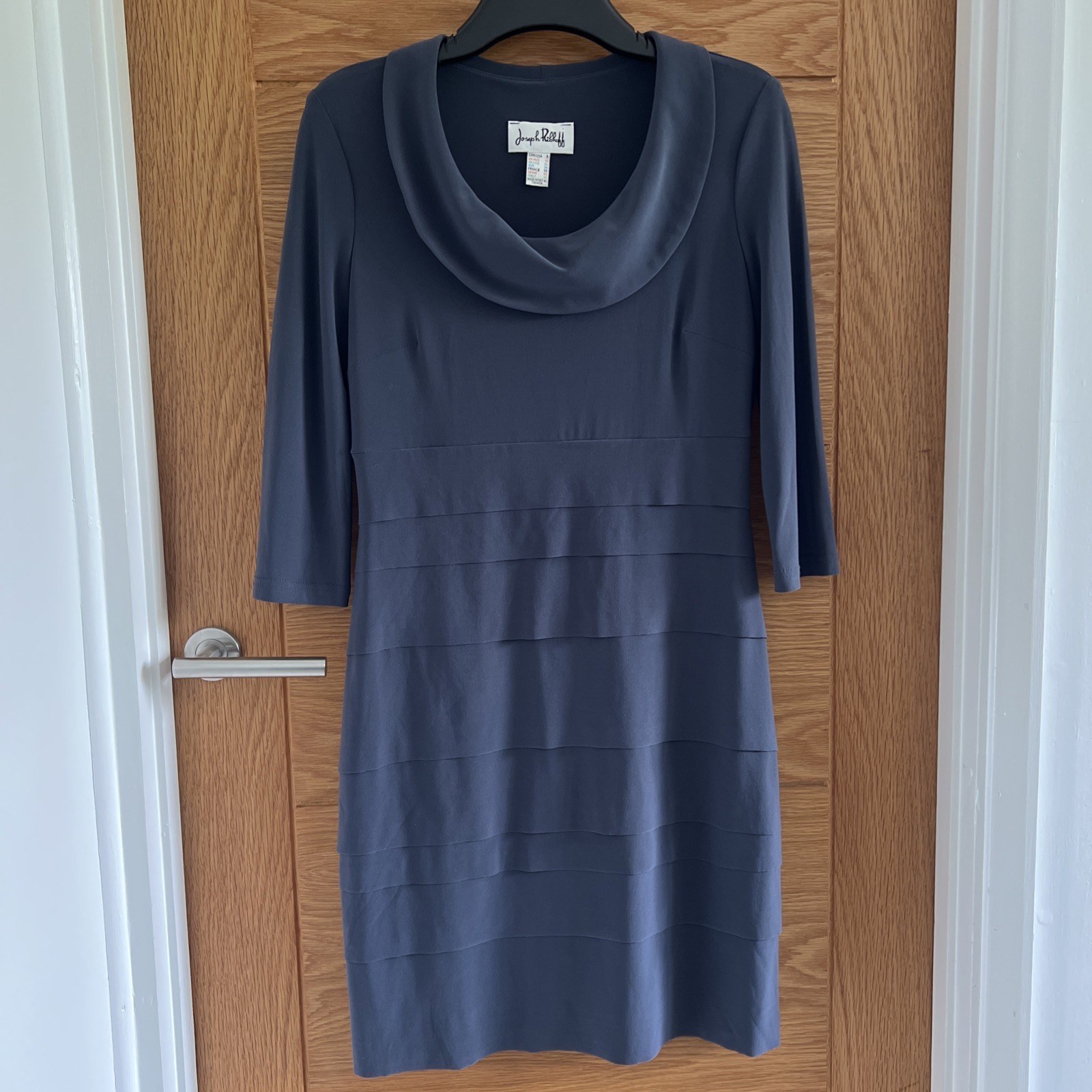 Joseph Ribkoff Dress Grey Blue Tiered Roll Over Collar 3/4 sleeve Size 10