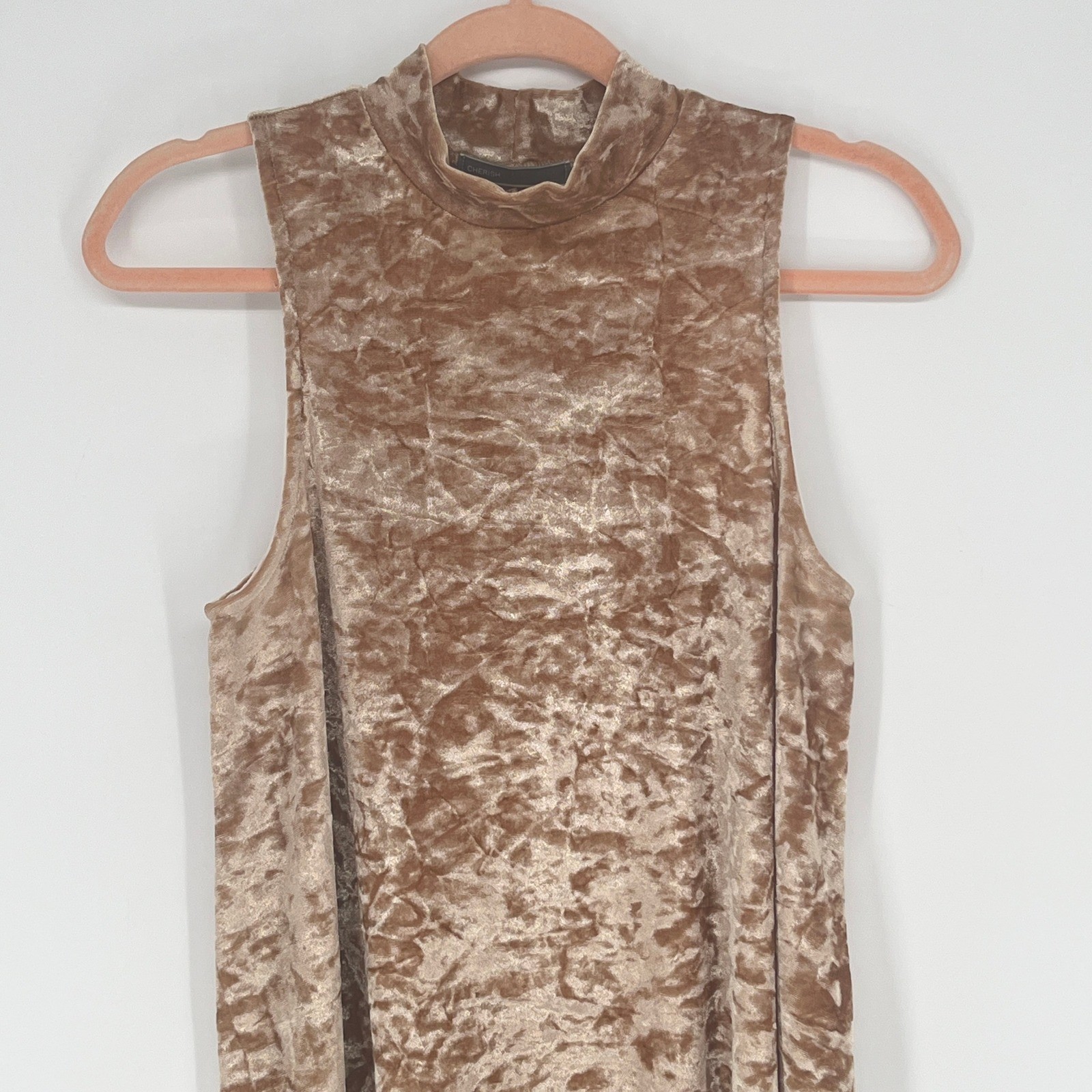 Cherish Crushed Velvet Whimsigoth Mock Neck Swing Dress Taupe Sleeveless Small