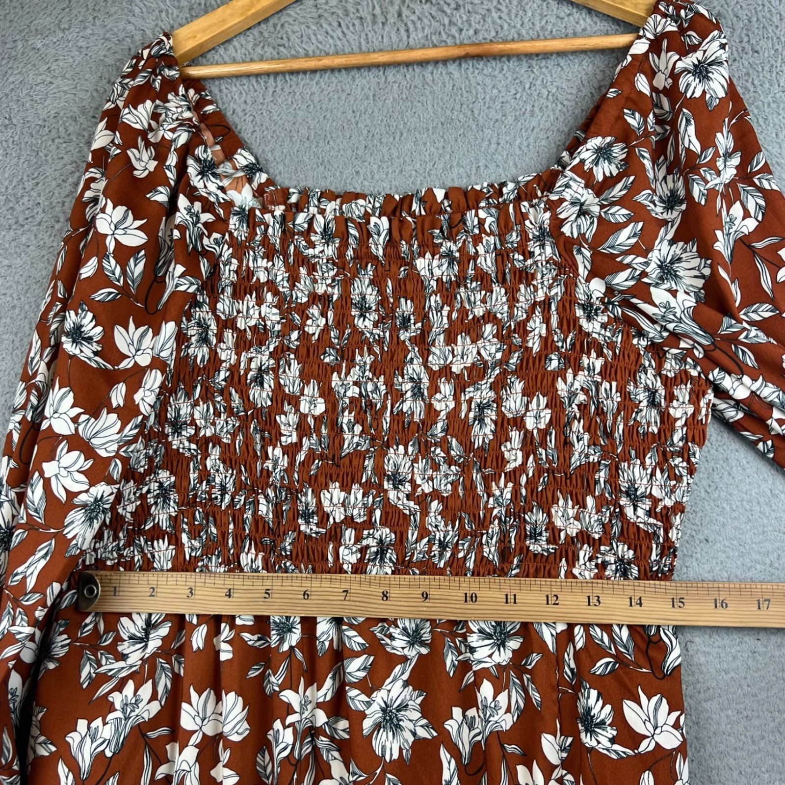 Rust Brown Floral Smocked Maxi Dress Long Sleeve Square Neck Boho Slit L