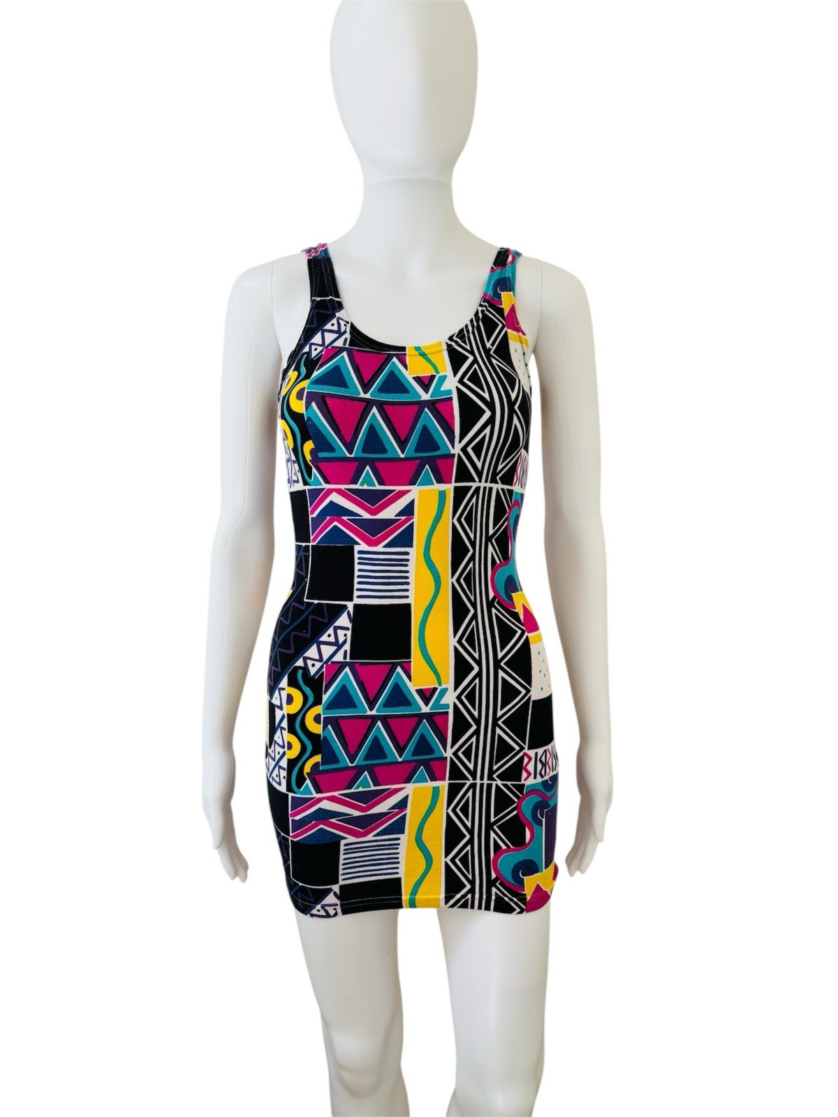 Vintage 1990s Retro Colorful Geometric Printed Bodycon Dress Sleeveless Summer