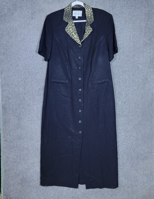 Lois Snyder Dani Max Button Up Maxi Dress Womens Sz 16 Black Animal Print Collar
