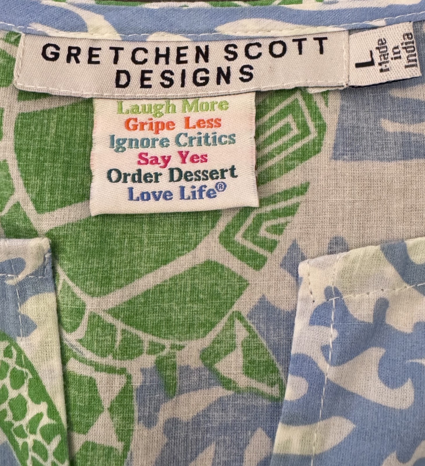 Gretchen Scott Turtle Traffic Tunic Dress Large Cotton Green Blue India