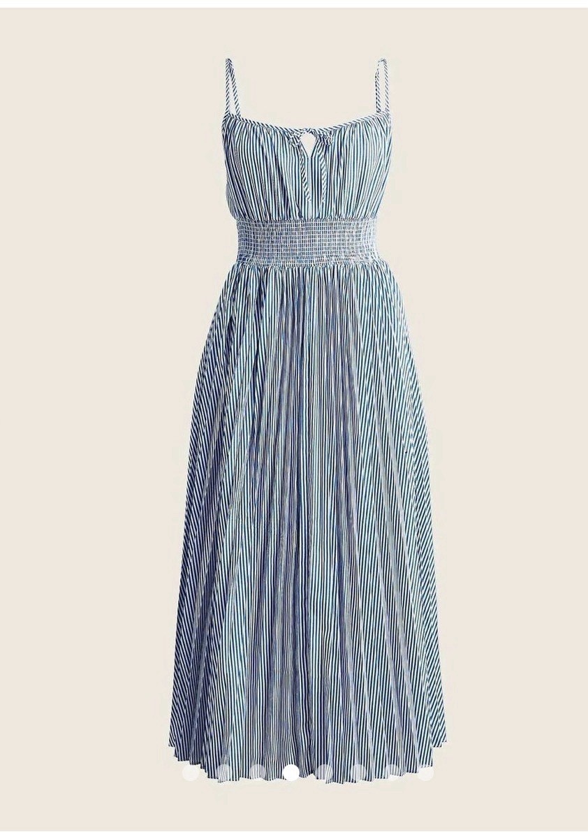 J.Crew Dress Blue White Striped Smocked Midi Pleated Womens 0