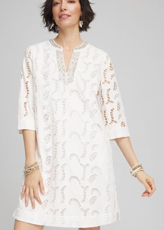 Chico’s White Eyelet Embellished Kaftan Dress