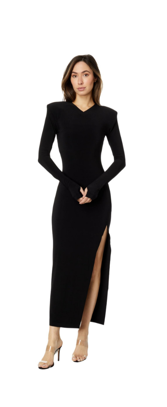 Norma Kamali Long Sleeve Side Slit V Neck Padded Shoulder Dress Gown Black XL