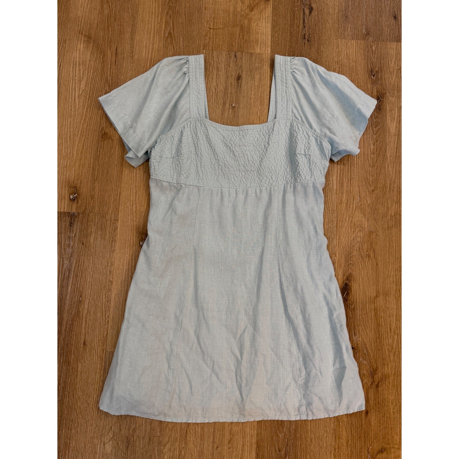 Madewell Linen Mini Dress Womens 14 Light Blue Smocked Cutout Back Excellent