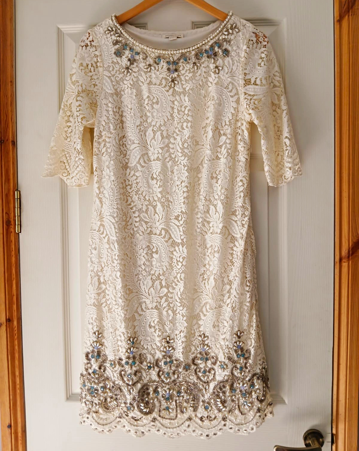 Monsoon Ivory Lace Shift Dress Beaded Sequin Pearl Round Neck 3/4 UK 10