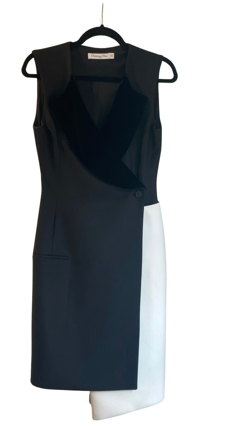 CHRISTIAN DIOR 2013 Raf Simons Black and White Dress with Velvet Lapels FR38