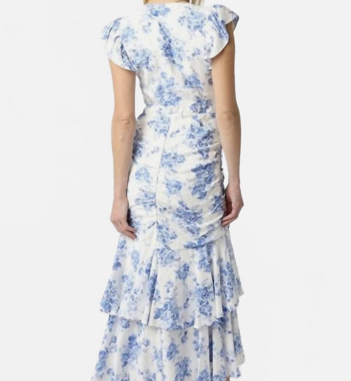 pookie & sebastian, NWT Cinched Ruffle Maxi Dress Blue & White Floral Feminine