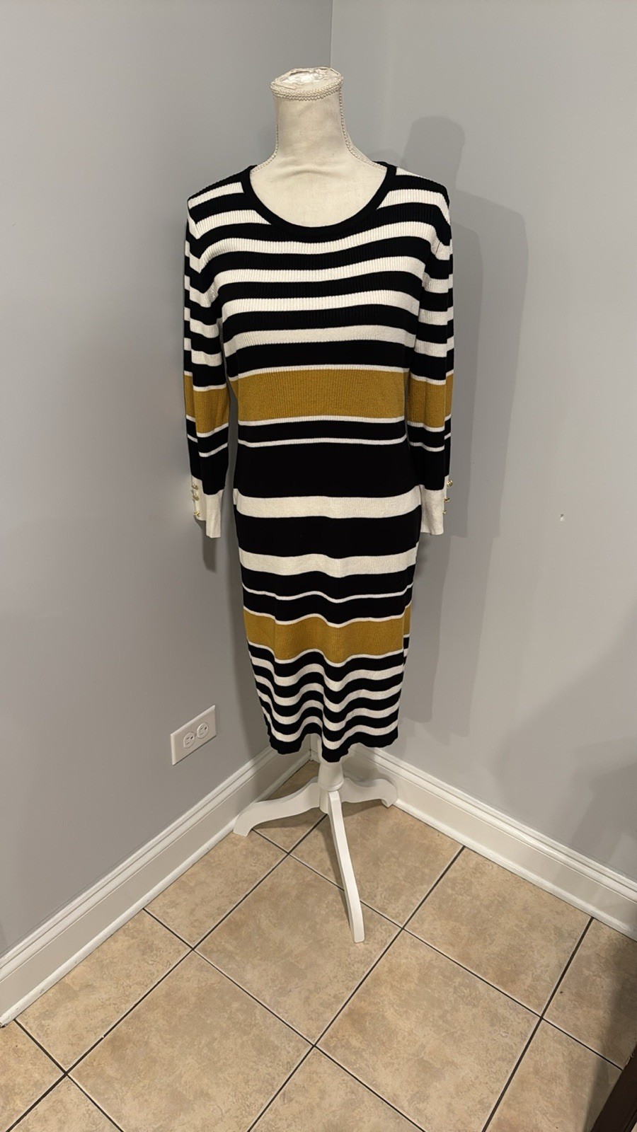Black, Rust And White Long Sleeve Sweater Dress
