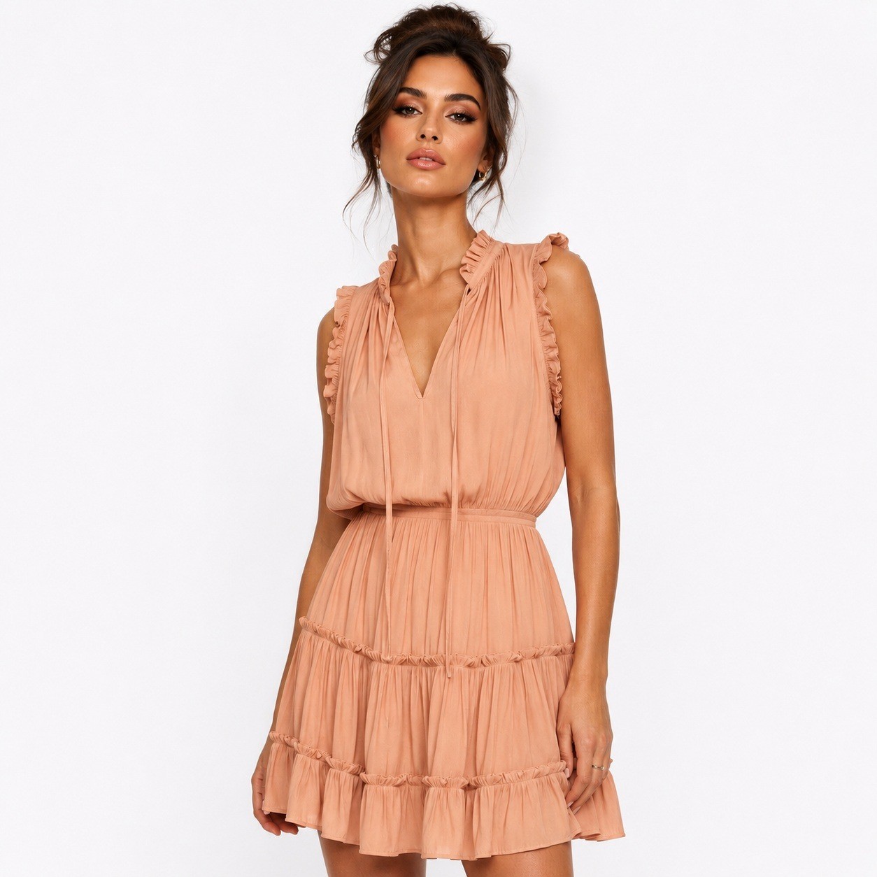 Chemistri Womens Peach Ruffle Tiered Mini Dress Sleeveless Elastic Waist Small