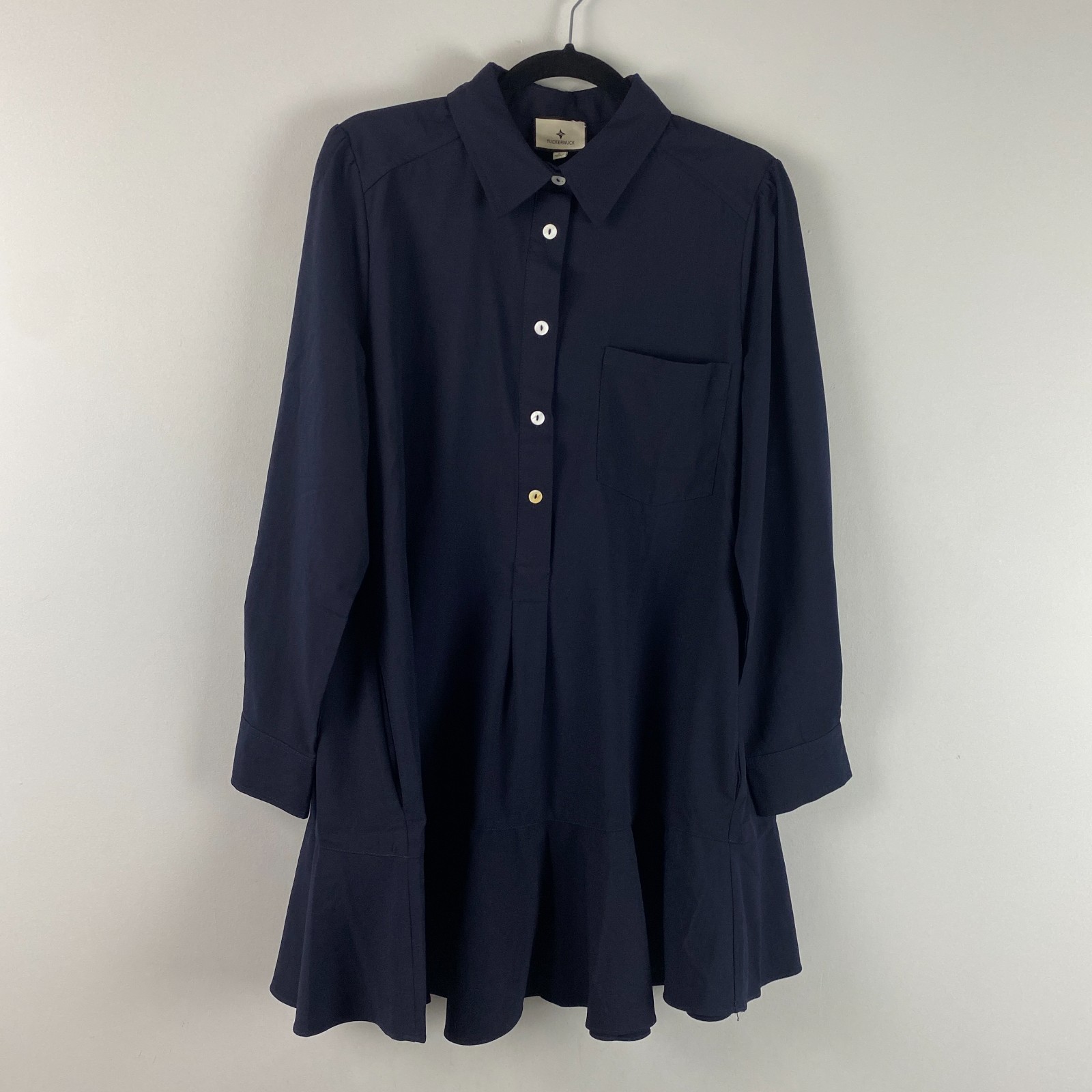 Tuckernuck Navy Blue Crepe Callahan Shirt Dress Ruffle Hem Size Large