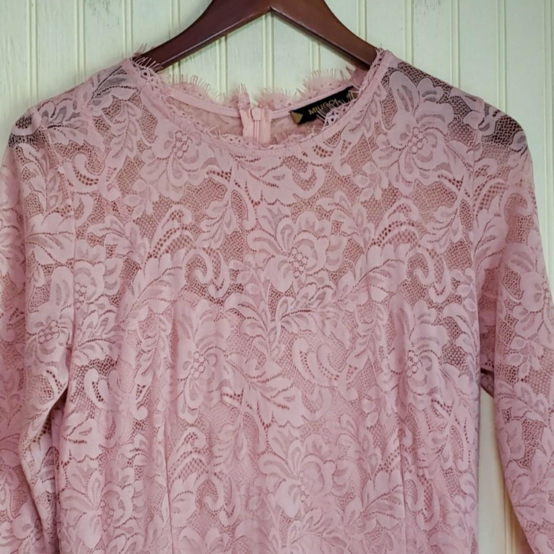 Miusol Dress Womens Large Pink Lace 3/4 Sleeve Ruffle Maxi Formal Wedding