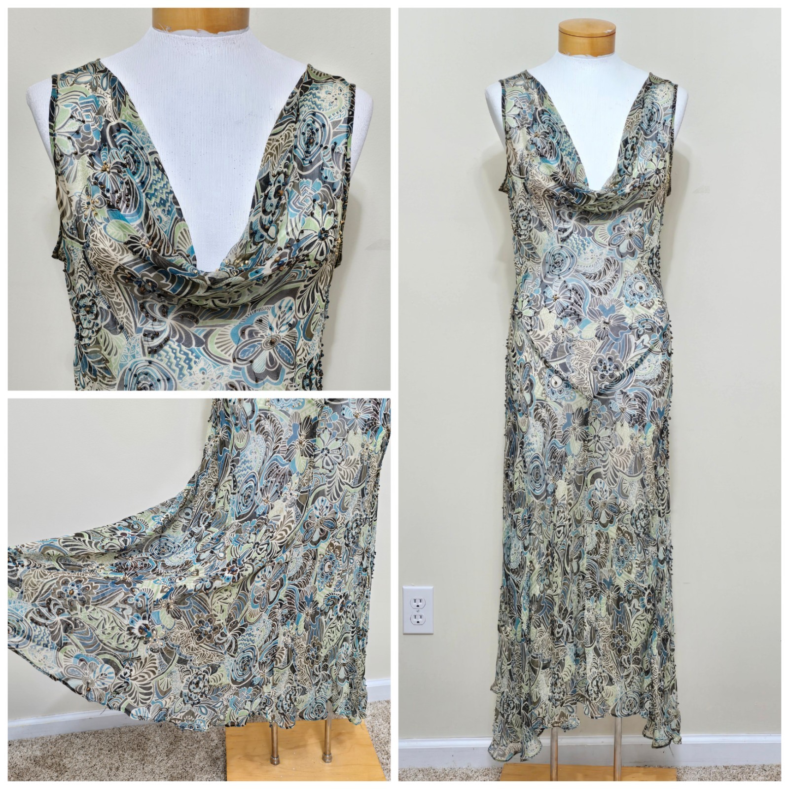 Vtg Y2K Silk Cowl Neck Maxi Slip Biased Dress Sz L Sheer Beaded Forest Fairy