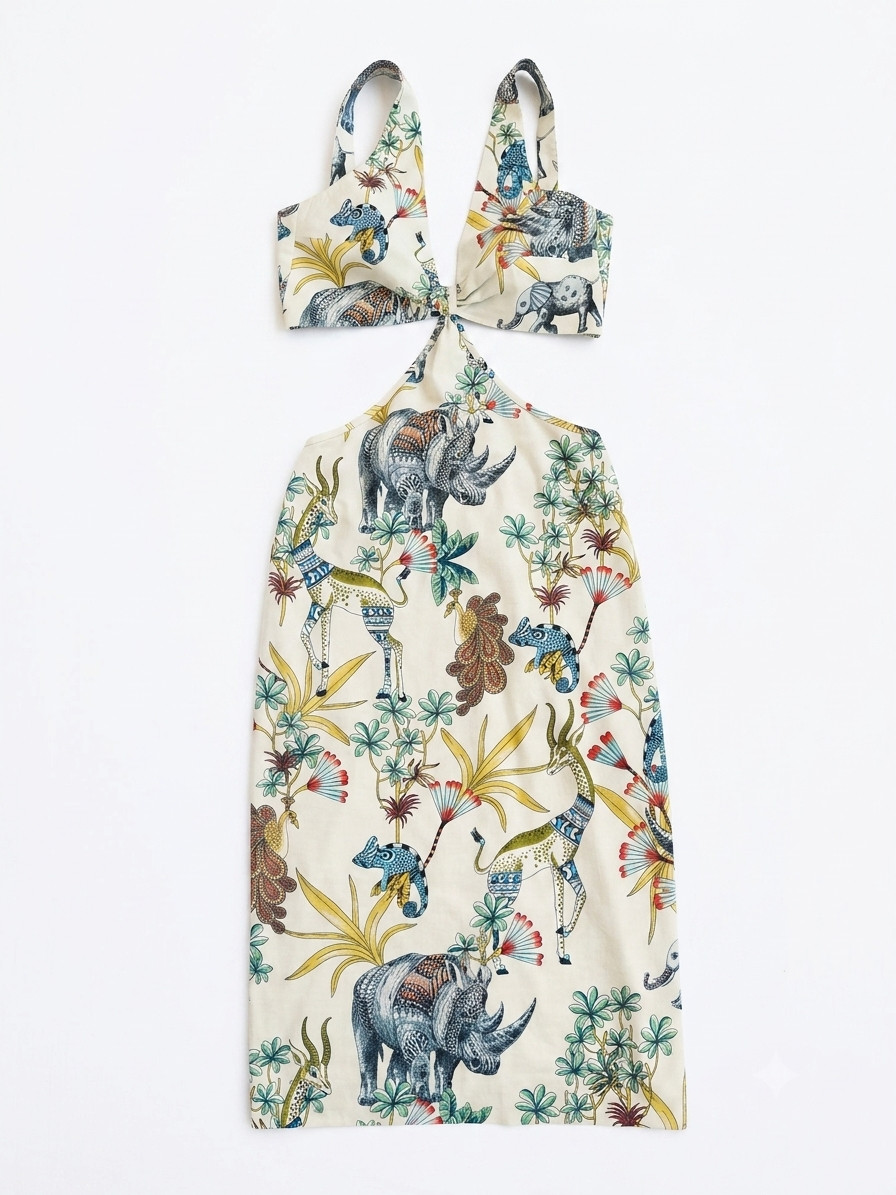 YELİZ CENGİZ Turkish Luxury Designer Safari Print Cut Out Midi Dress Open Back