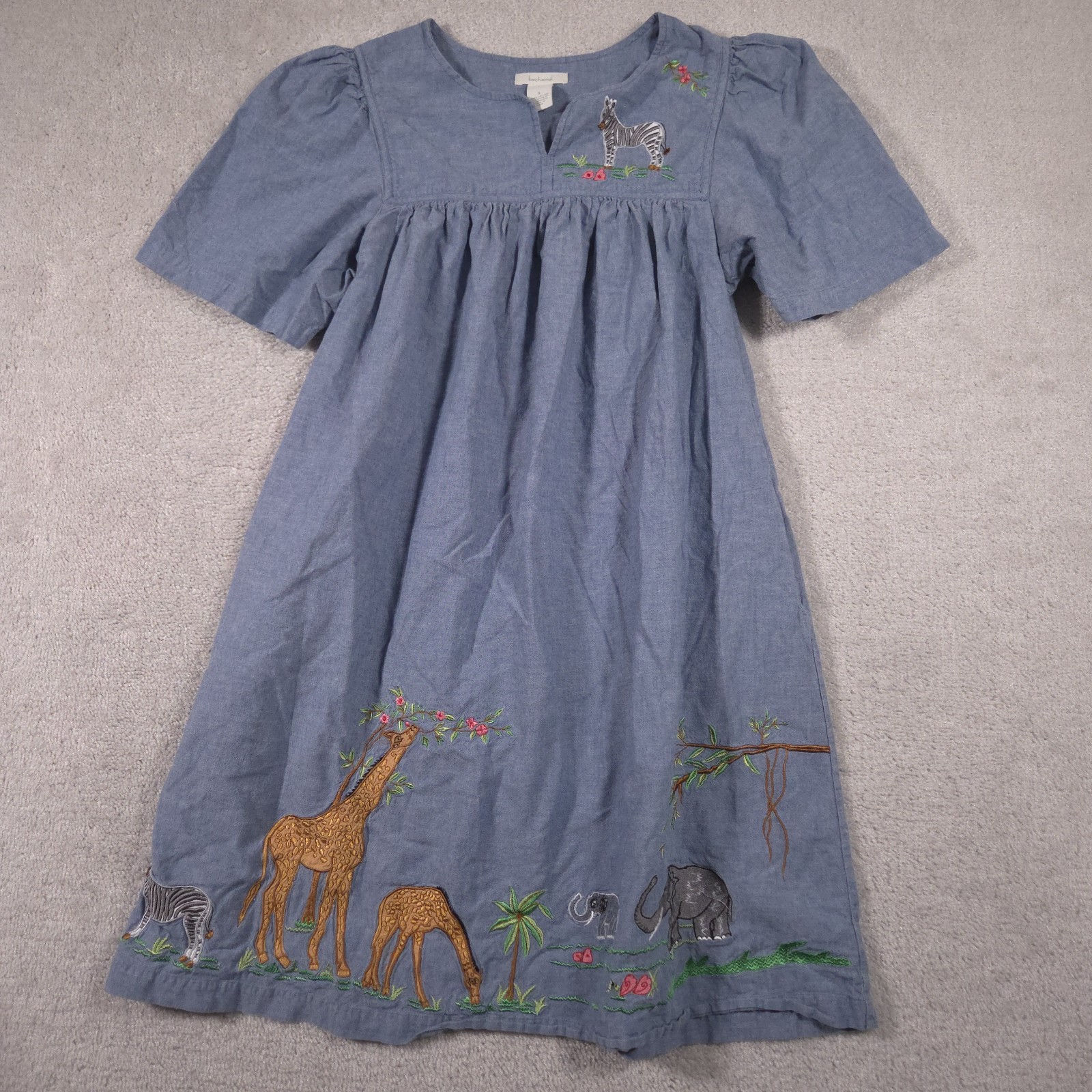 Bechamel House Patio Dress Womens Small Denim Blue Safari Giraffe Zebra