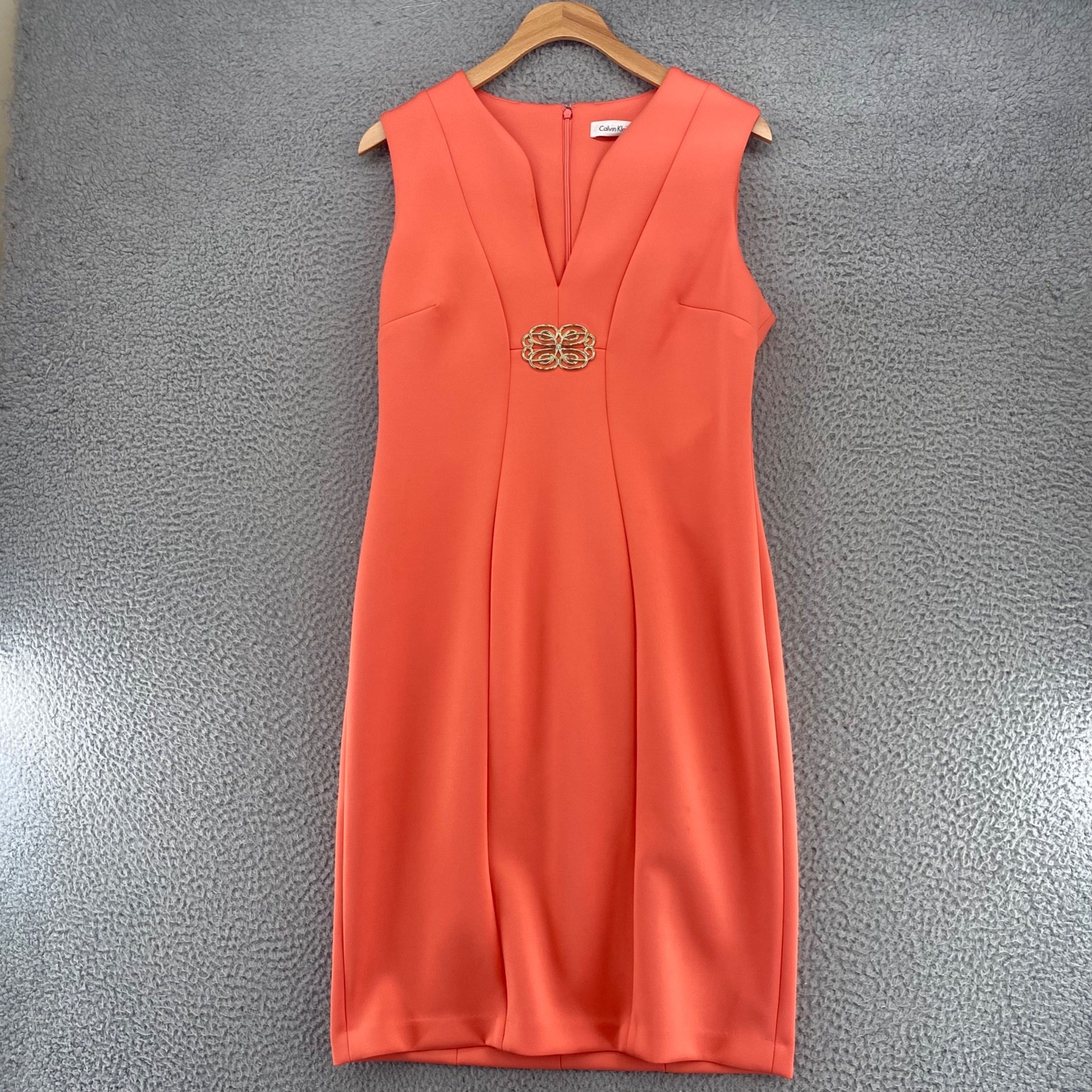 Calvin Klein Dress Womens 10 Peach Pink Sheath Scuba Knit Gold Detail Sleeveless