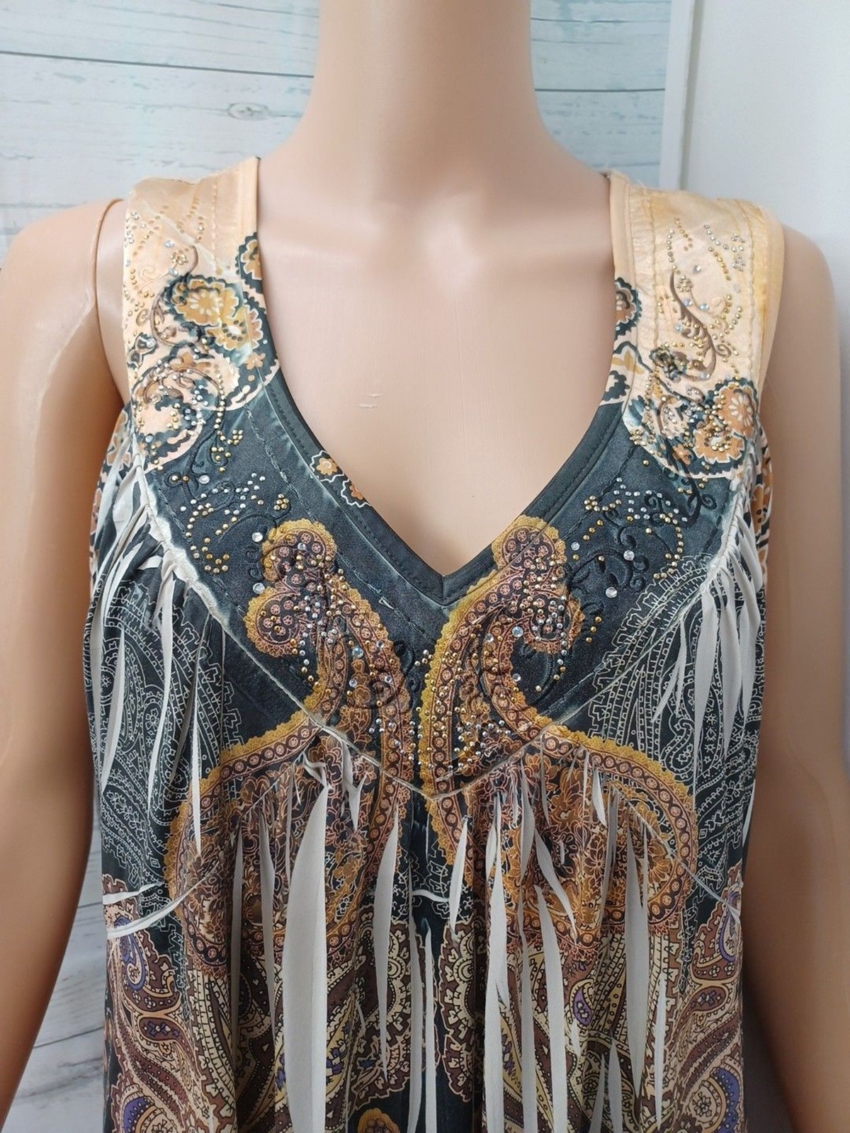 World Unity Boho Dress XL Beaded Print Festival Summer Brown Beige
