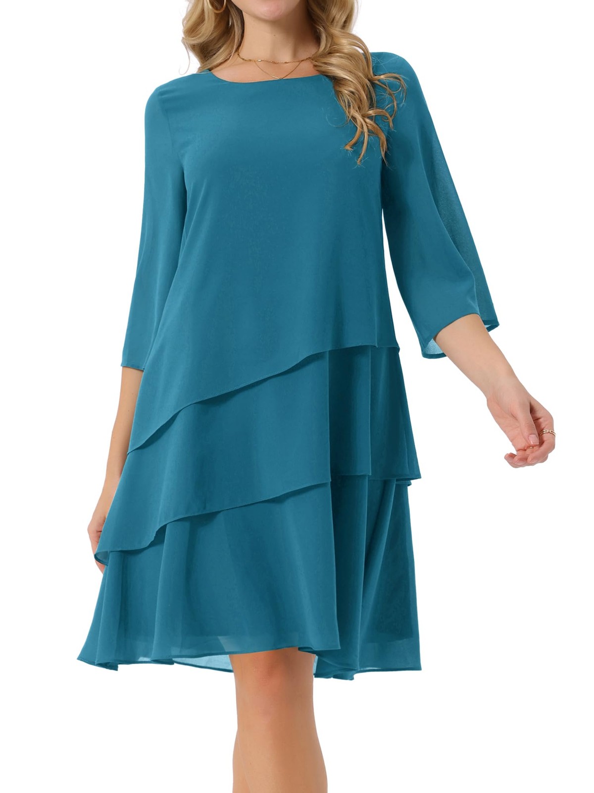 Seta T Women’s Chiffon Dress Large Lake Blue 3/4 Sleeve Tiered Flowy Fit SIZE XL