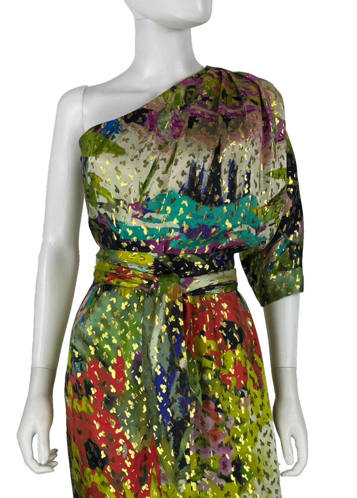 Naeem Khan One Shoulder Resort Midi Silk Dress 8 US 44 IT M Green Gold Belted