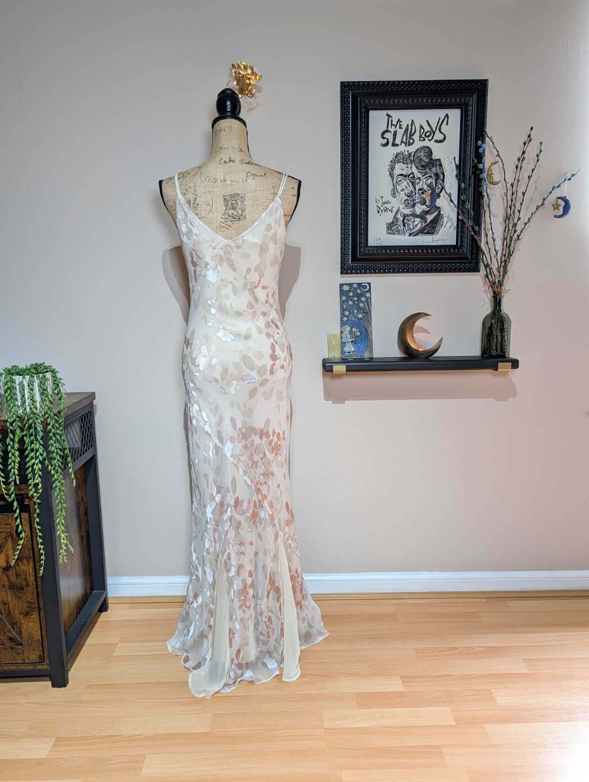 Vintage 90s Monsoon Long Bias Cut Burn Out Floral Slip Dress UK 10/12 (US 8)