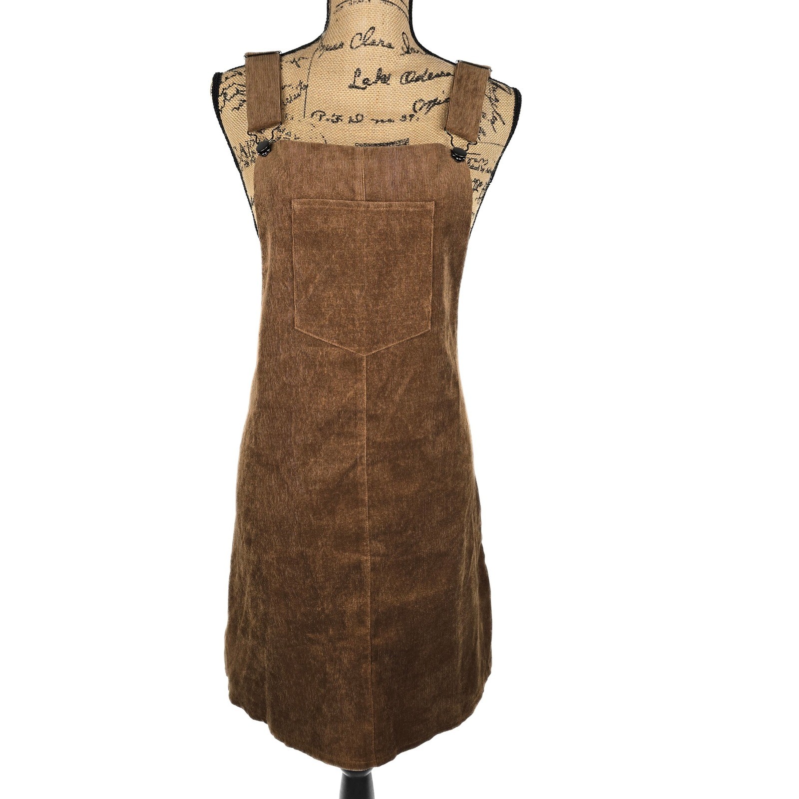 Everly Brown Corduroy Pinafore Overall Dress Large Camel Tan A-Line Bib Front