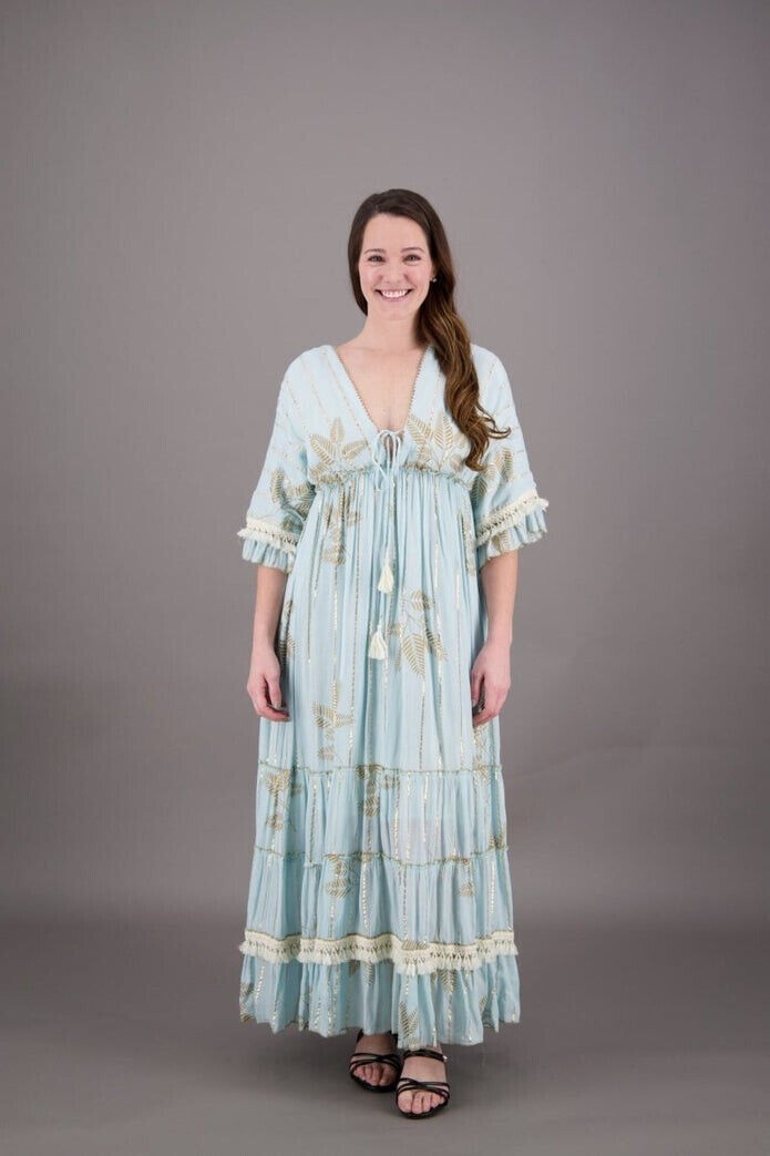 Women’s Boho Summer V Neck Floral Embroidered Beach Bell Sleeves Long Dress