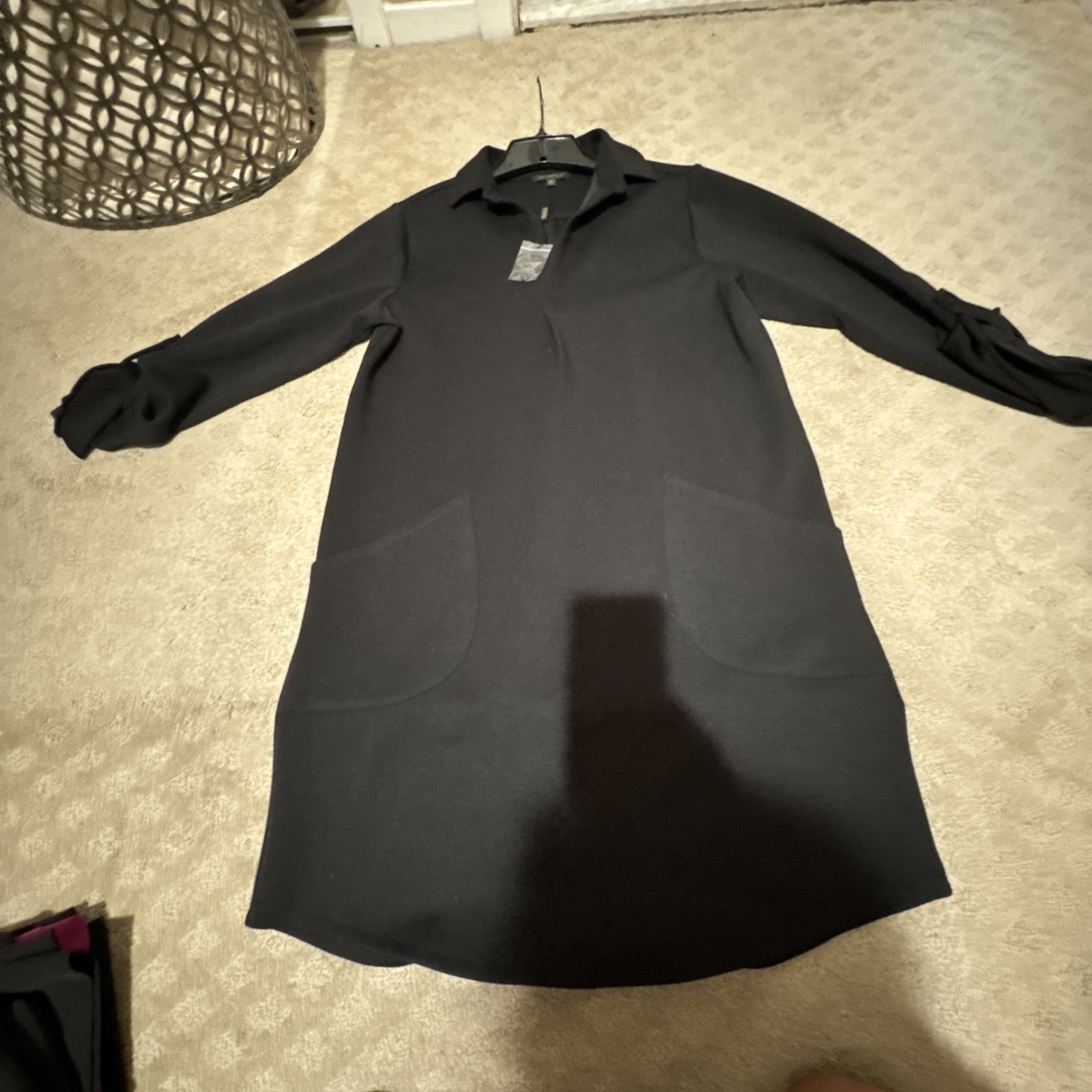 For Cynthia Black Shift Scuba Roll Tab Sleeve Collared Dress. Sz M. NWT!