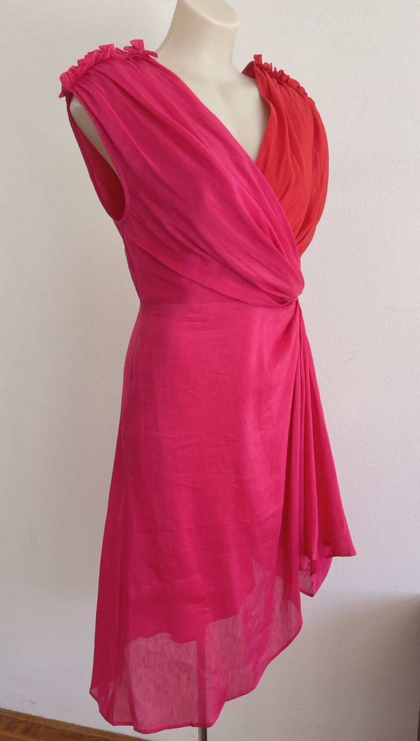 LEO LIN Silk Midi Dress Pink Red Draped Asymmetric Grecian Party Size AU 12 L