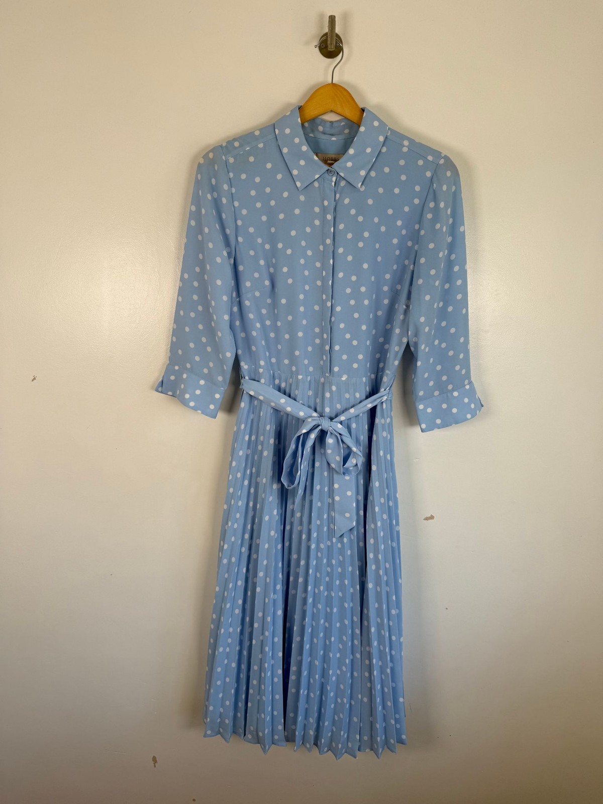 Hobbs Dress Size 10 Blue Polka Dot Pleated Midi Leona Belted Occasion Wedding