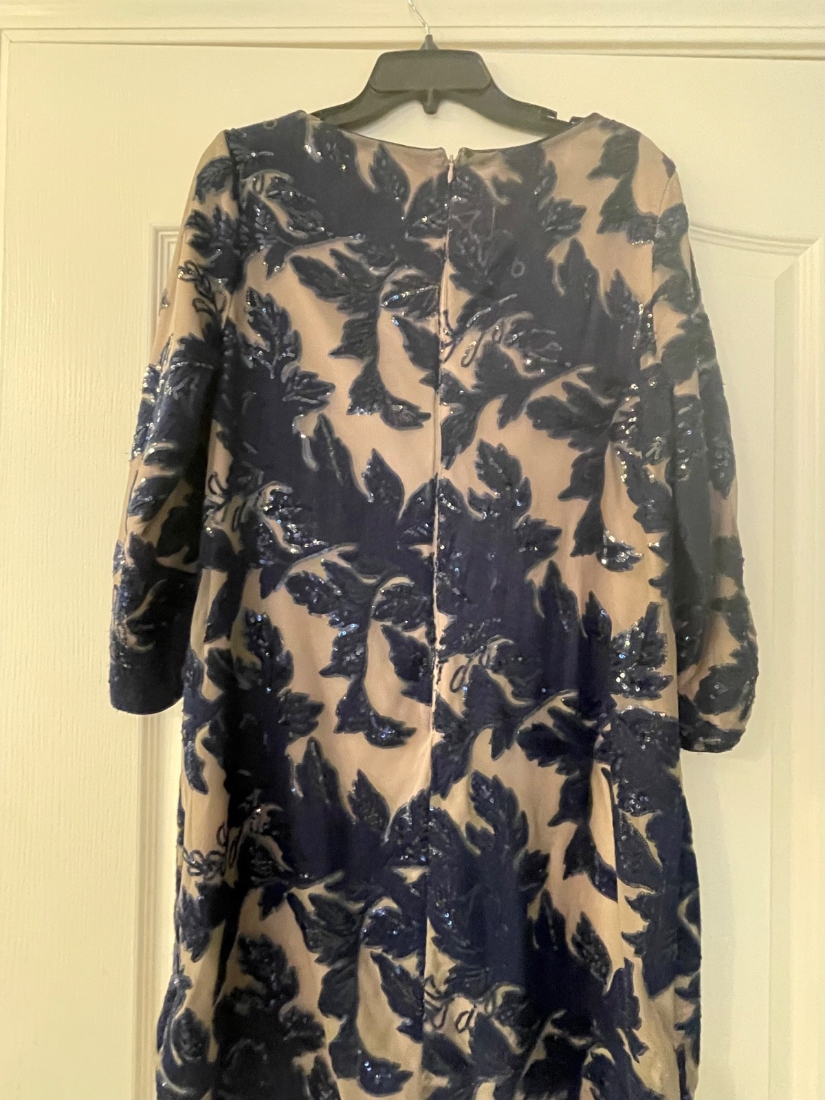 Luxology Size 14 Navy Blue Sequin Floral Mesh Overlay Cocktail Dress 3/4 Sleeve