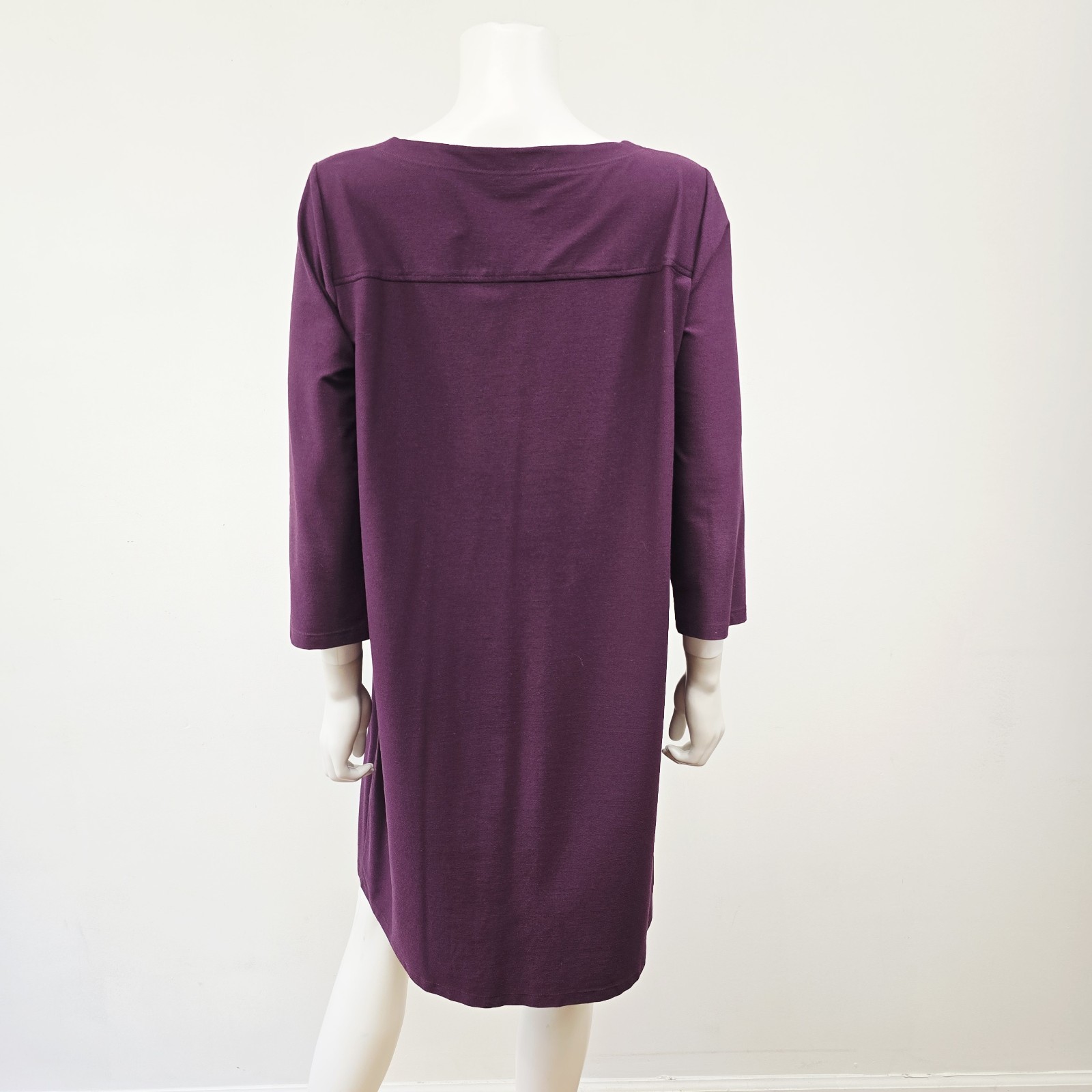 Eileen Fisher Shift Dress Size M Crepe Eggplant Purple 3/4 Sleeve Layering USA