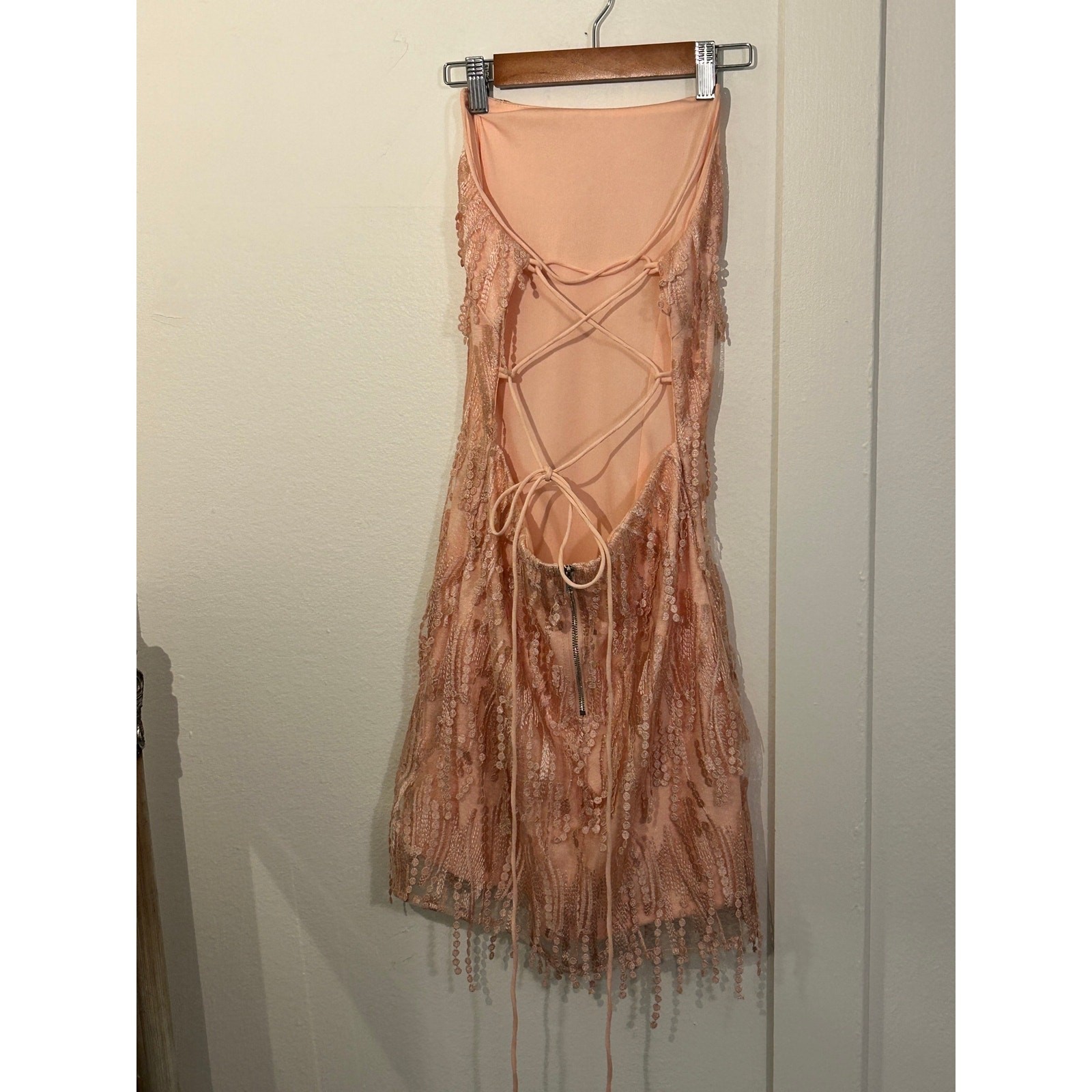 EUC- Lulus Making Magic Blush Pink Fringe Lace-Up Mini Dress SZ S – Retail $70