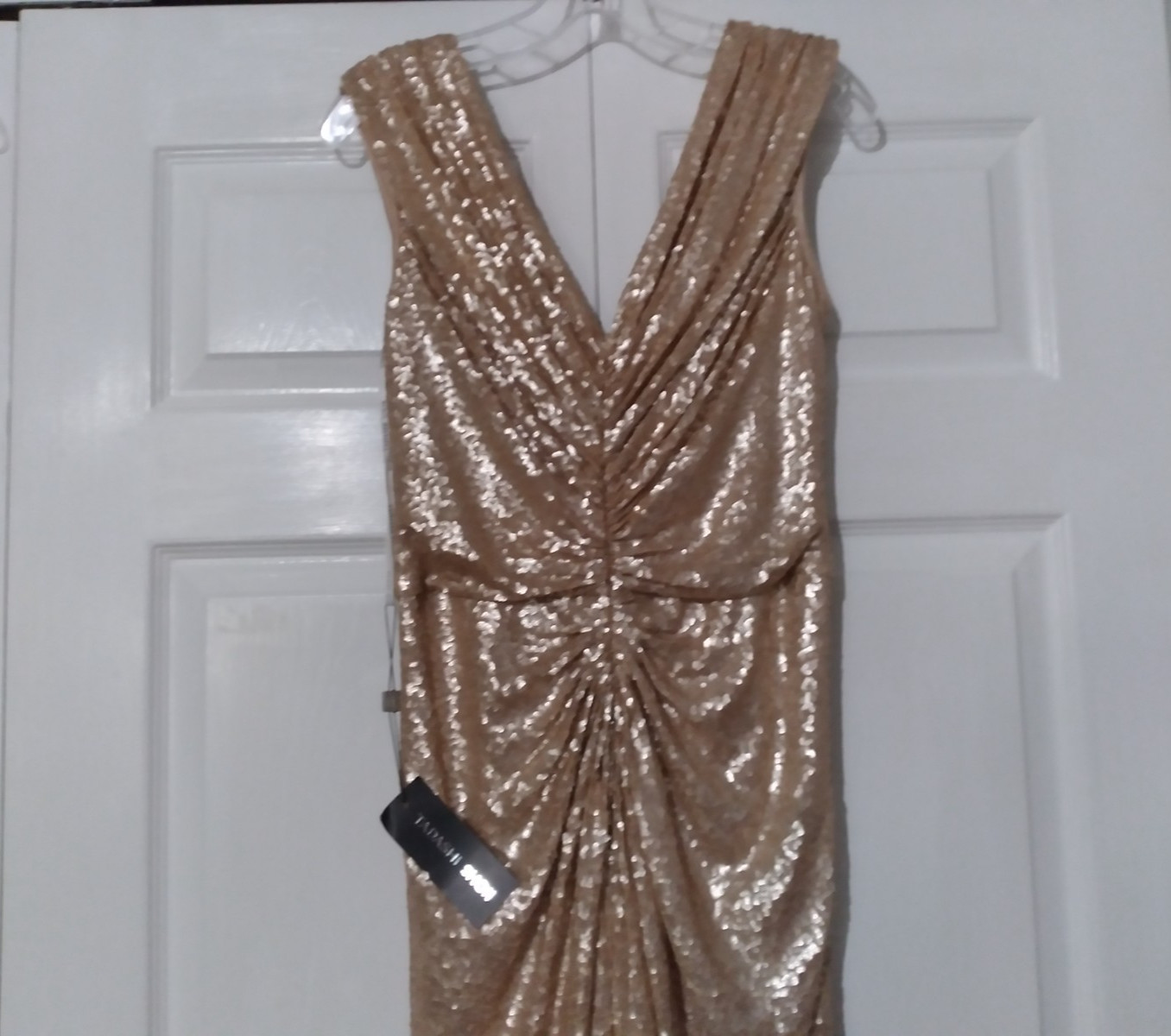 NWT Tadashi Shoji Champagne Lace Sequin Sleeveless Ruched Long Gown Dress MEDIUM