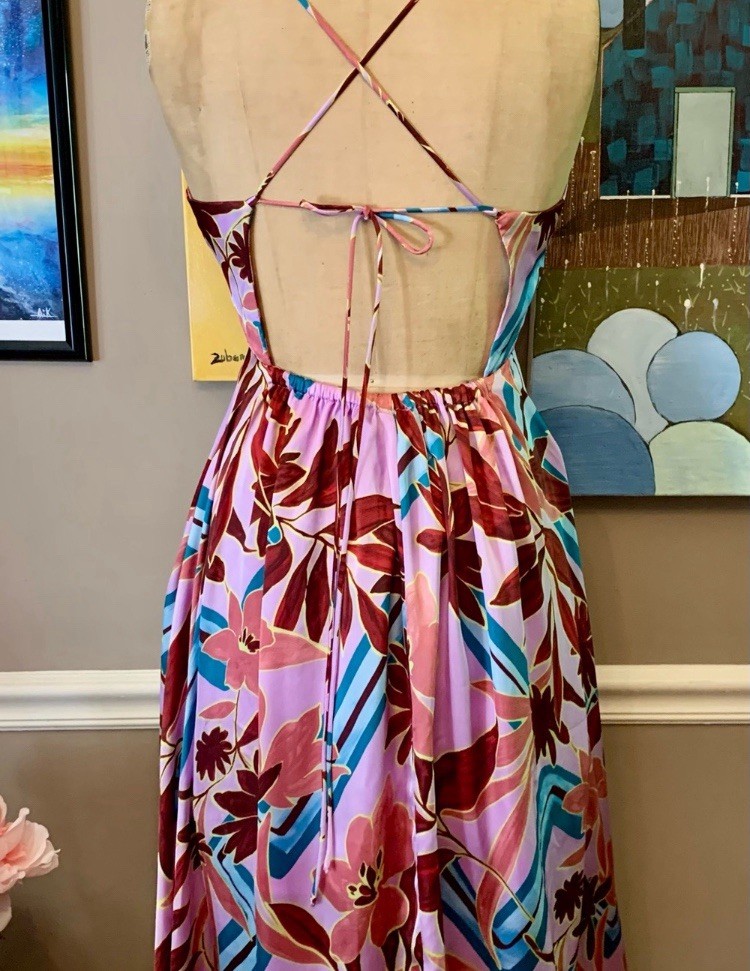 VICI Pink Abstract Floral Satin Midi Dress Handkerchief Hem Medium