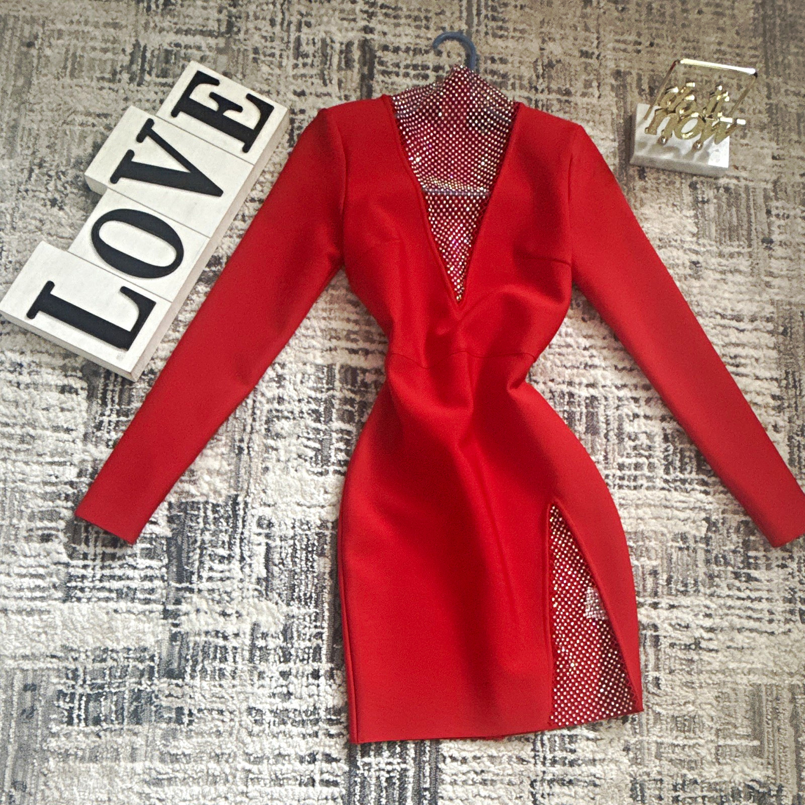 Red V-Neck Long Sleeve Bodycon Mini Dress S Rhinestone Mesh Stretch Polyester