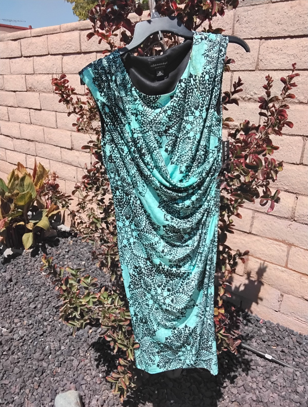 Connected Apparel Sheath Dress Turquoise Black Floral Scoop Neck Draped 10