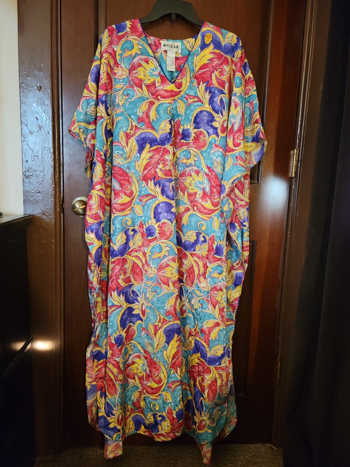 Vintage Winlar Kaftan Dress OS Polyester Jacquard Paisley Floral Muumuu RN 16087
