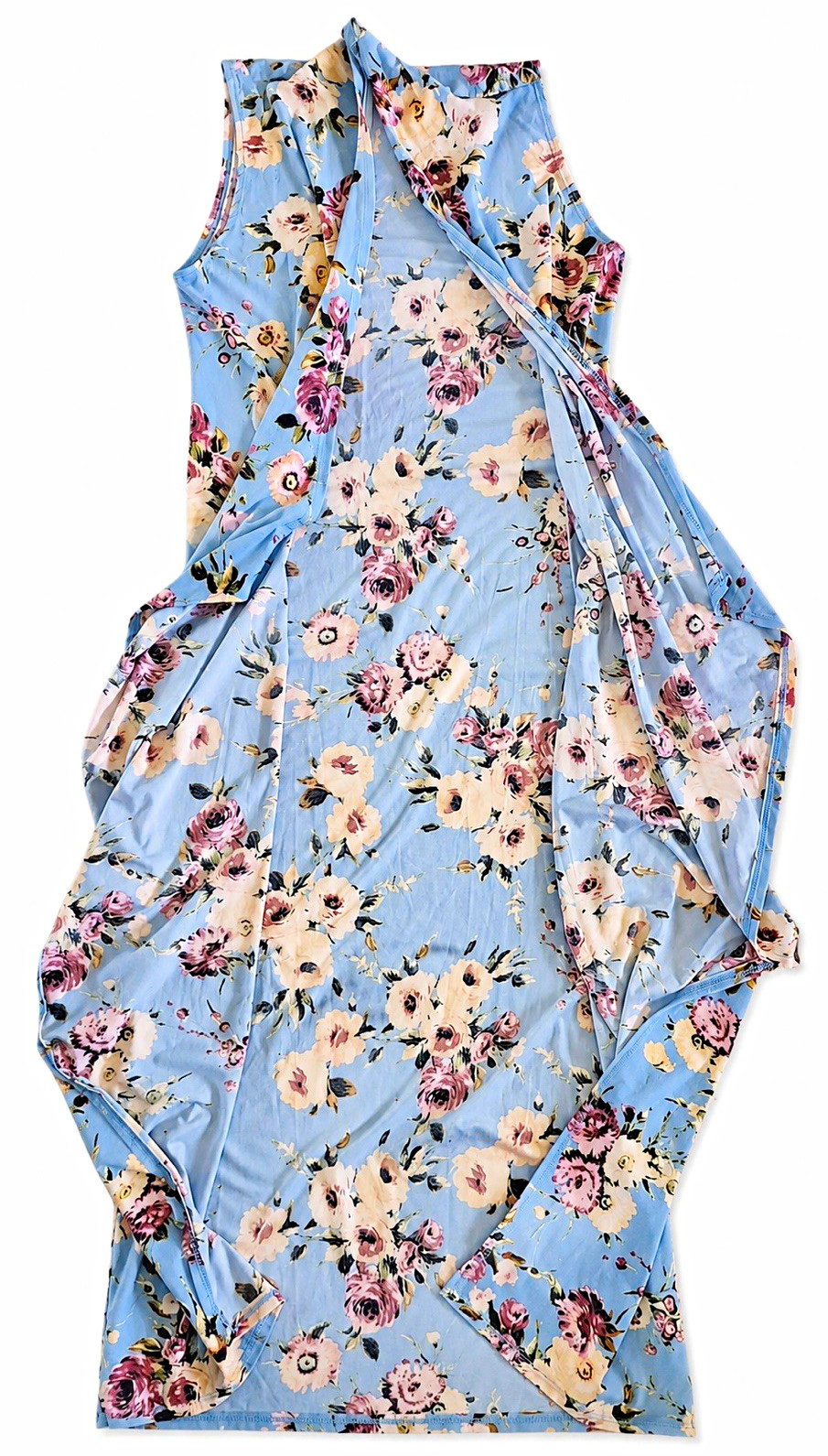 Blue Pink White Chiffon V-Neck Sleeveless Floral Maxi Dress One Size